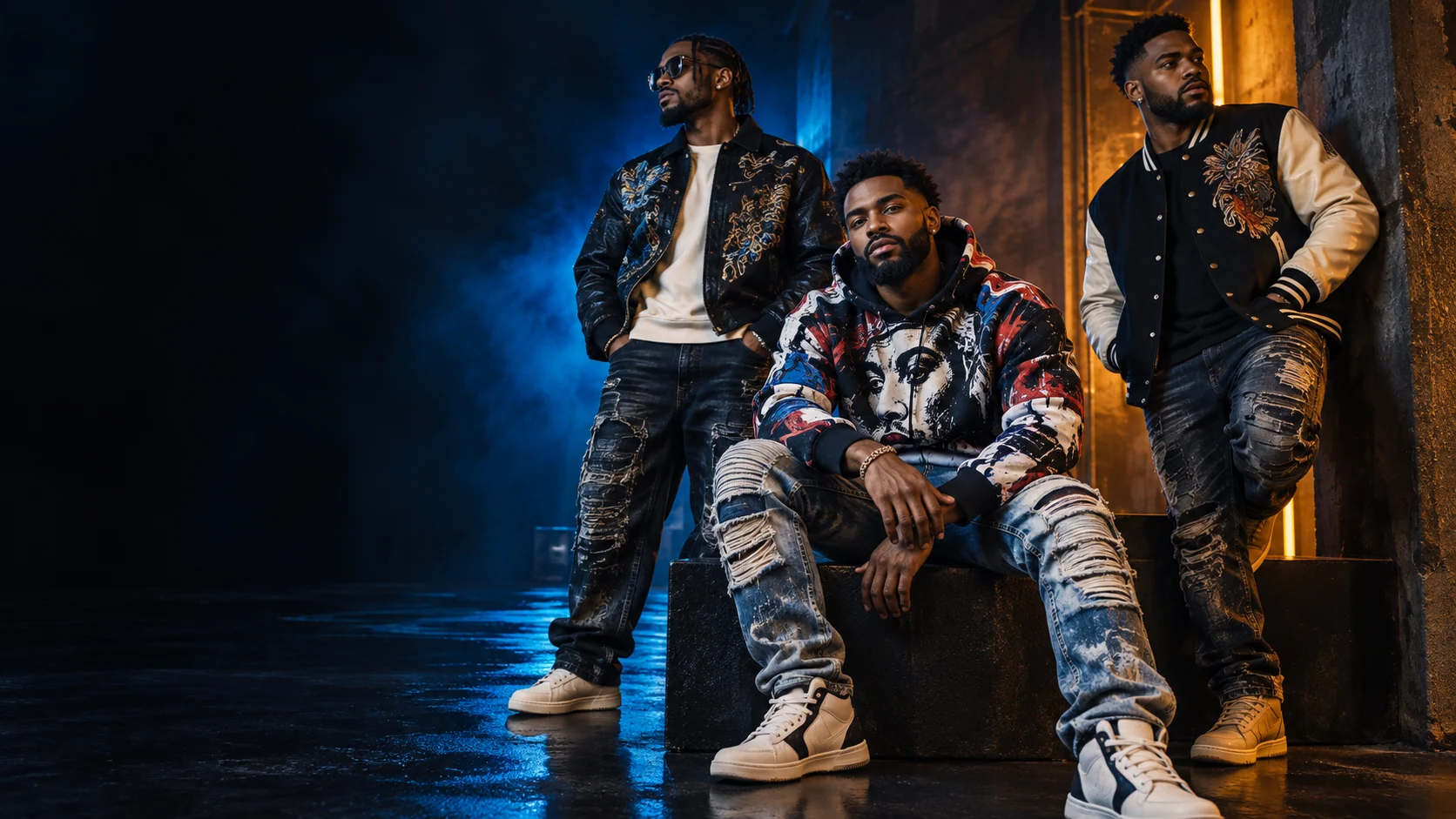 Three male models wearing contemporary denim and statement jackets